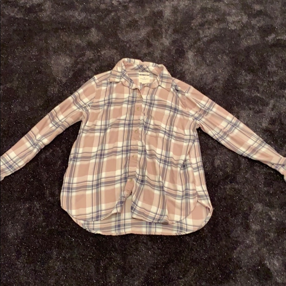 American Eagle pink, grey and white flannel